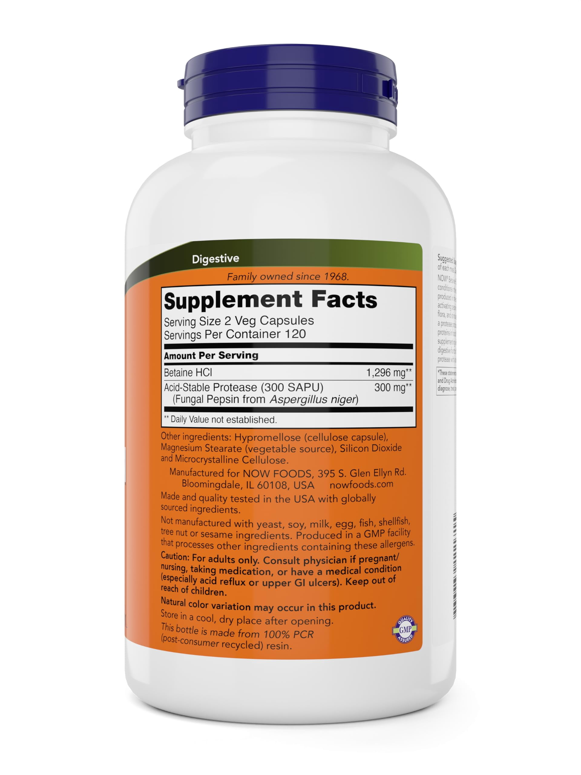 NOW Betaine HCl 648mg 240 Veg Capsules - Digestive Enzymes Supplement - Enhanced with Pepsin Protease for Protein Digestion Support