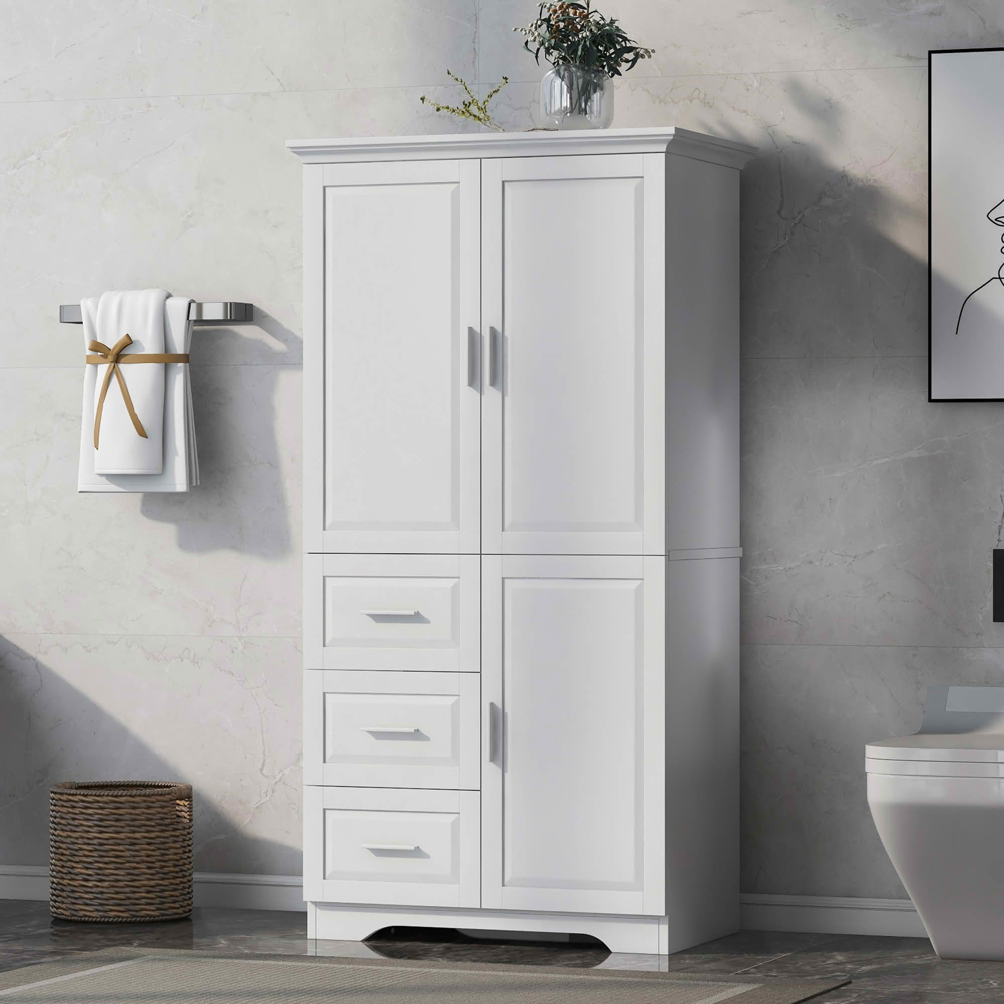 MAYEERTY Tall Wide Storage Cabinet with Doors, 3 Drawers, Bathroom Office Use, White