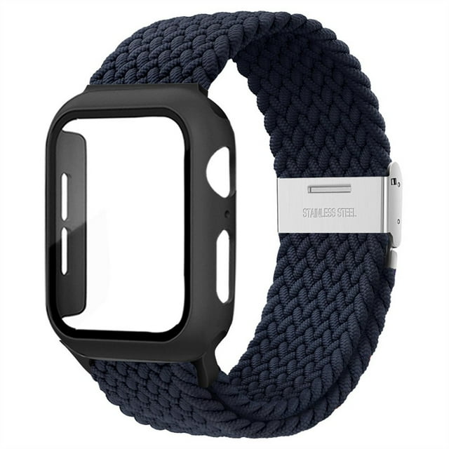 ALMNVO Braided Solo Loop Band Compatible with Apple Watch Bands with Case 45mm 44mm 42mm ,Stretch Nylon Elastic Strap with Glass Screen Protector Case for iWatch Series 7 6 SE 5 4 3 2 1