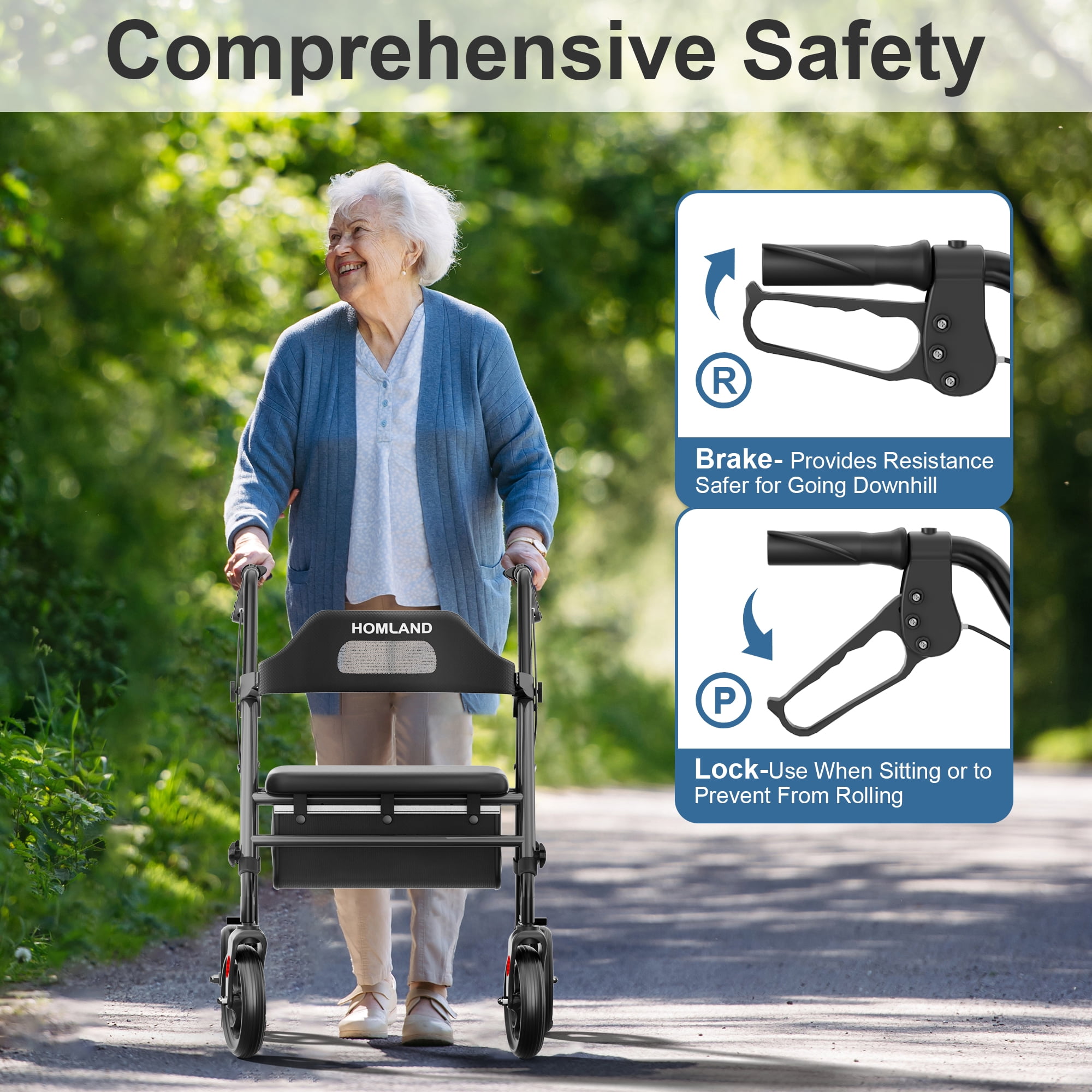 HOMLAND Foldable Rollator Walkers with Seat for Seniors, 8'' Big Wheels, 350 lb. Weight Capacity, Adjustable Handles and Seat Height, Lightweight Rolling Walker, Black