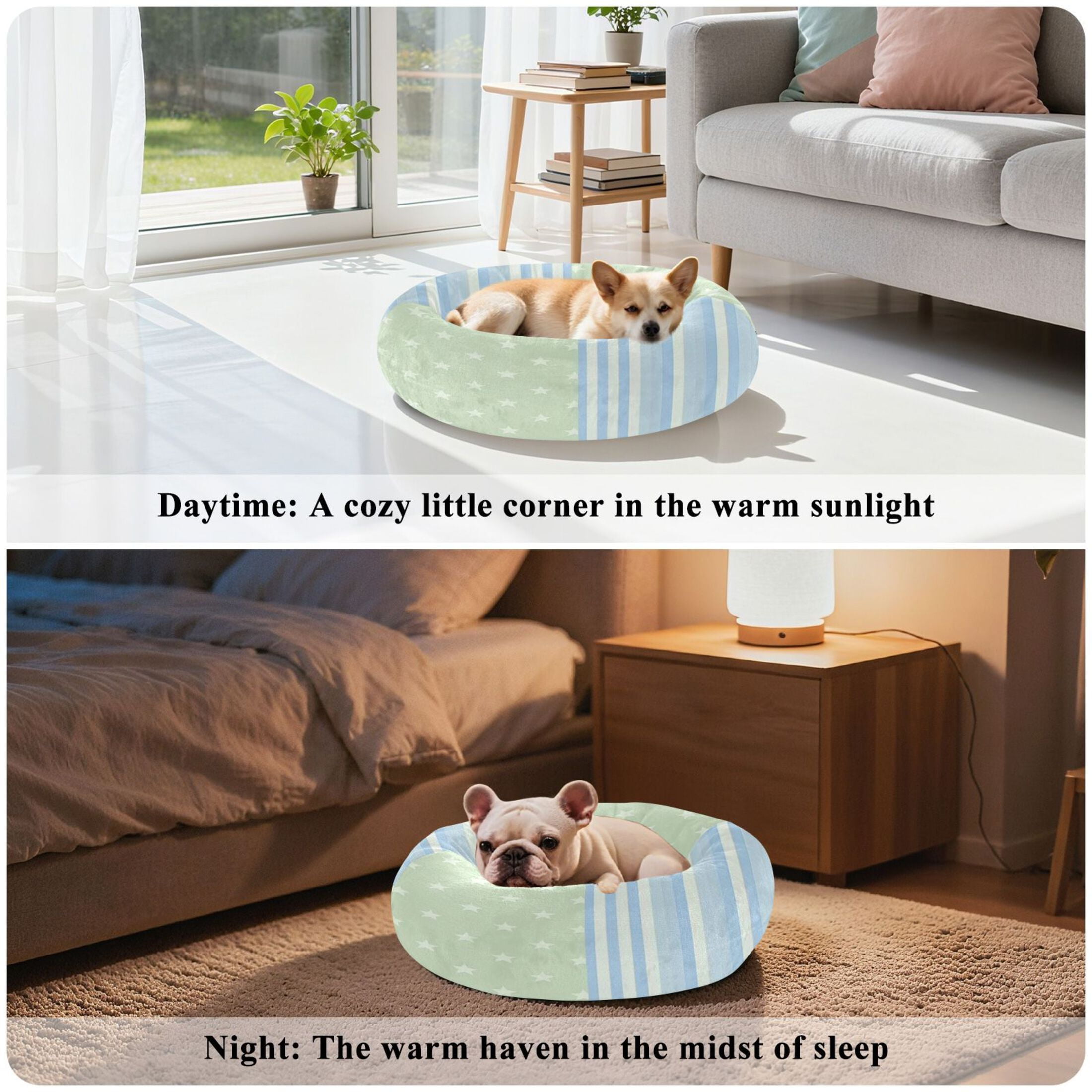 Iauyy Pet Couch Donut Cat Bed for Indoor Cats/Small Dogs Washable & Machine with Non-slip Bottom Calming Cat Furniture, Vertical Striped Light Blue (M)