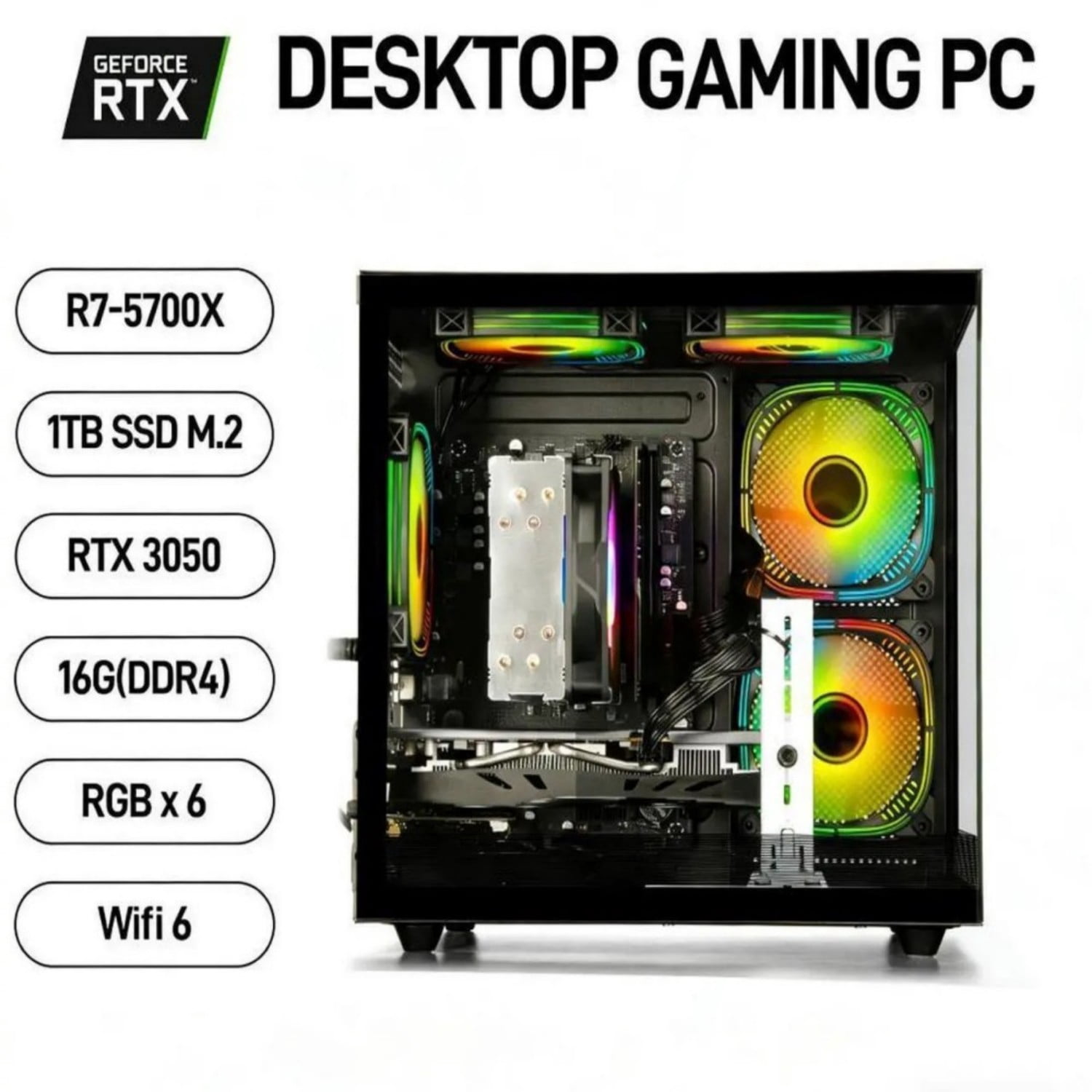 ZHICGCP Gaming Desktop PC, Ryzen 7 5700X, RTX 3050 8GB,1TB SSD, 16GB DDR4, Black, Windows 11