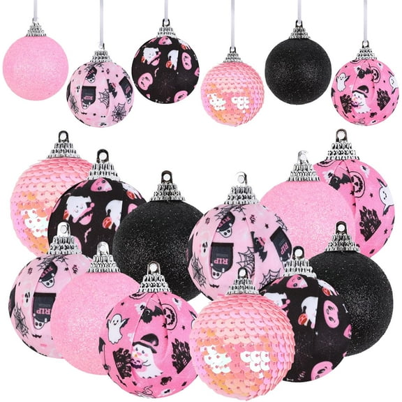 JOYMEMO 12Pcs Pink Black Halloween Ball Ornaments with Pumpkin Ghost Spider Web Printed, Shatterproof Glitter Hanging Balls for Girl Halloween Party Tree Decorations Supplies