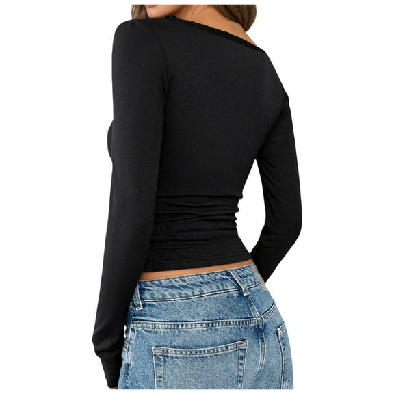 XIAONU Blouses For Womens Lace-Trimmed Buttons Deep V-Neck Trendy Shirt Solid Color Slim Fit Long Sleeves Shirts