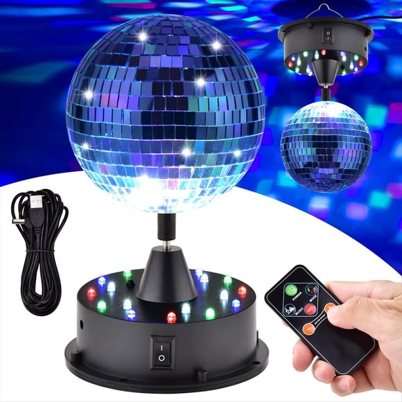 Rotating 5in Disco Ball Party Lights with Remote, 6-12RPM Adjustable Disco Ball,18 LEDs DJ Light,Hanging and Table 2 Use,1 x Projection rotator 1 x Remote control 1 x Power cable 1 x Mirror ball