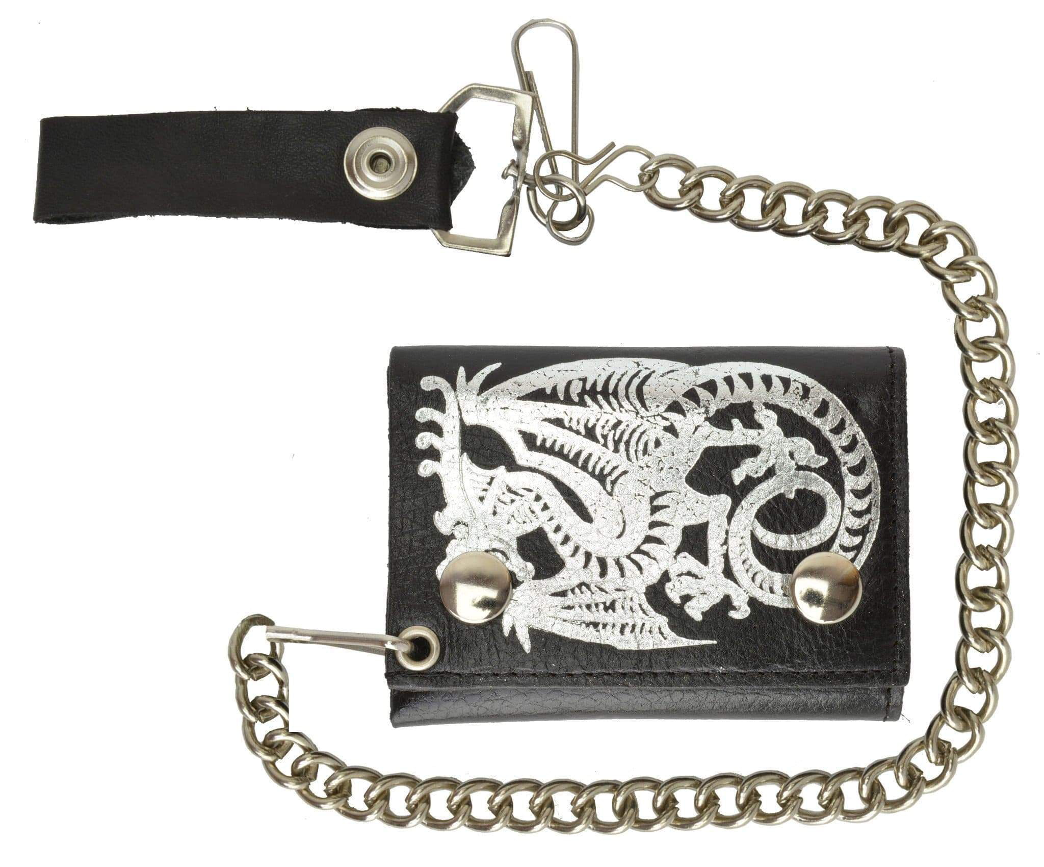 DRAGON TRIFOLD BIKER LEATHER WALLET WITH CHAIN 