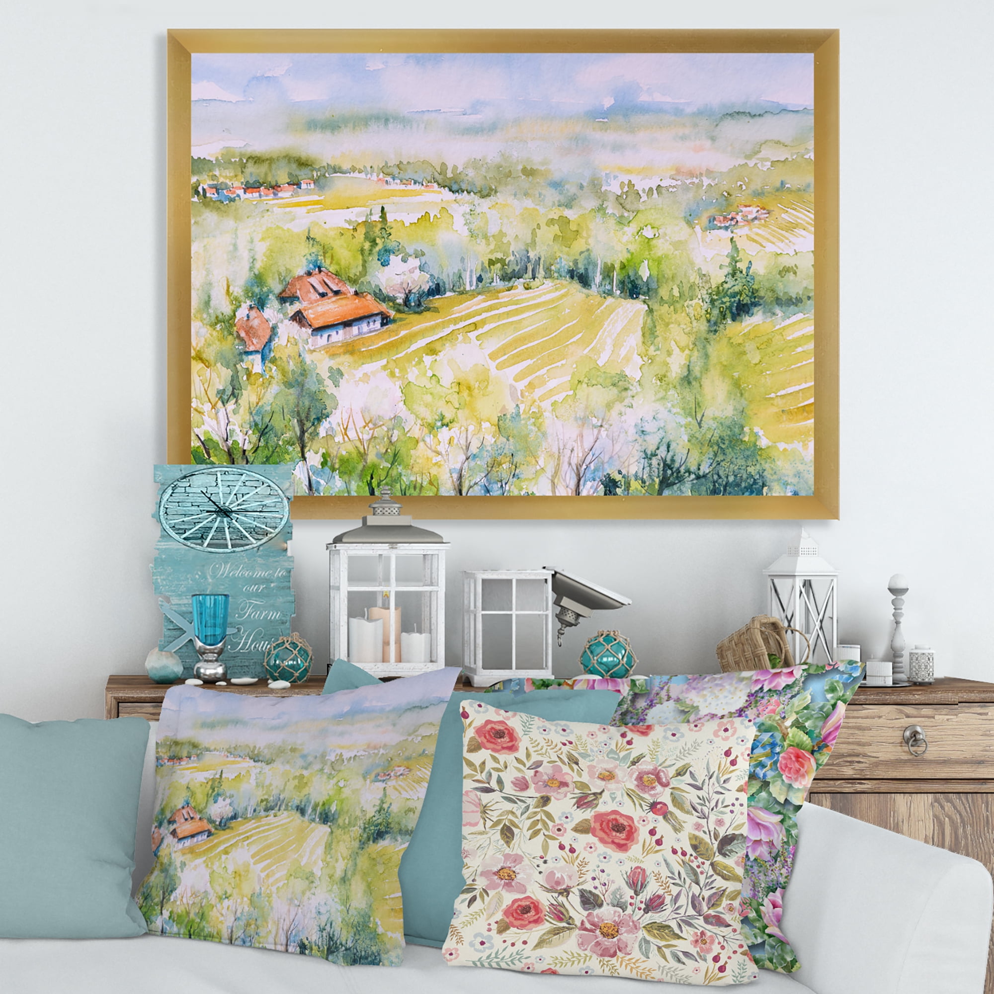 Designart 'Abstract Blossoming Green Fields In Countryside ' Country Framed Art Print
