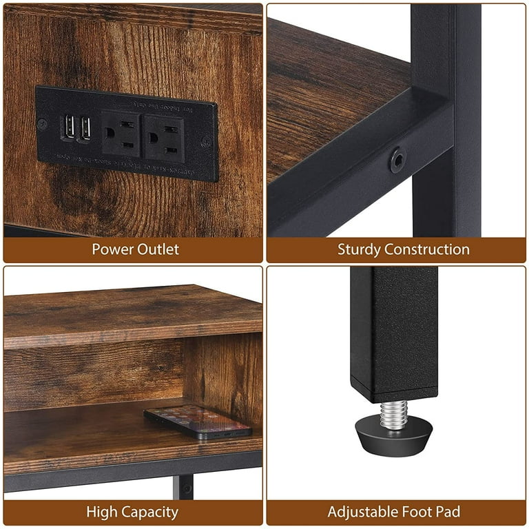 Oumilen Western Home 24.8" End Table 3 Layers with Charging Station, Rustic Burnt Wood