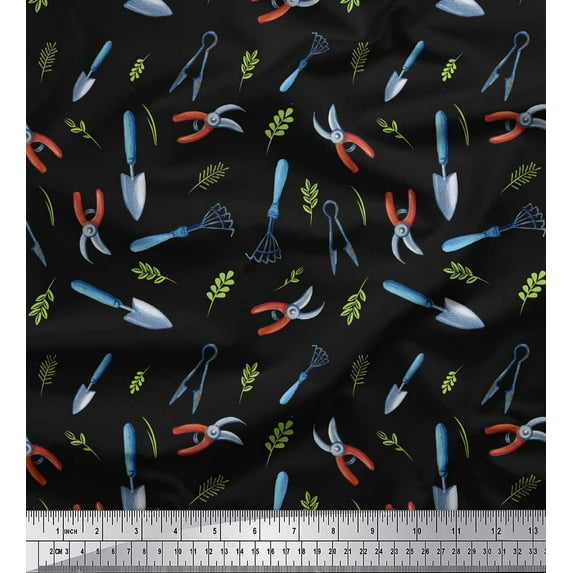 Soimoi Black polyester Crepe Fabric Garden Tool Hardware Printed Craft Fabric by the Yard 42 Inch Wide