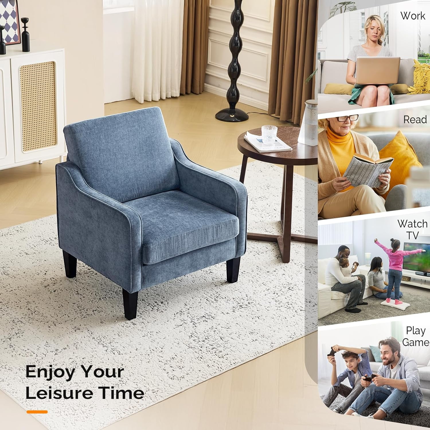 Matladin Chenille Fabric Accent Chair with Scooped Arms, Mid Century Modern Upholstered Armchair, Single Sofa for Living Room, Apartment, Office