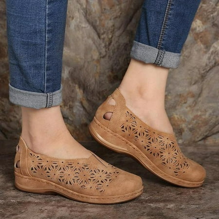 

ZXHACSJ New Fashion Non-Slip Hollow Wedges Flat Round Toe Casual Sandals For Ladies Brown 36