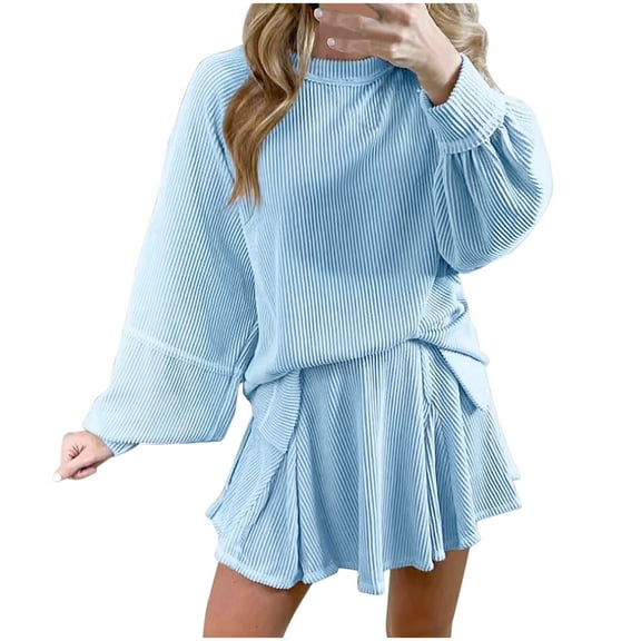 Ohufall Lounge Sets for Women 2 Piece Outfits Long Sleeve Crew Neck Tops with Mini Culottes Summer Cozy Soft Loungewear Set