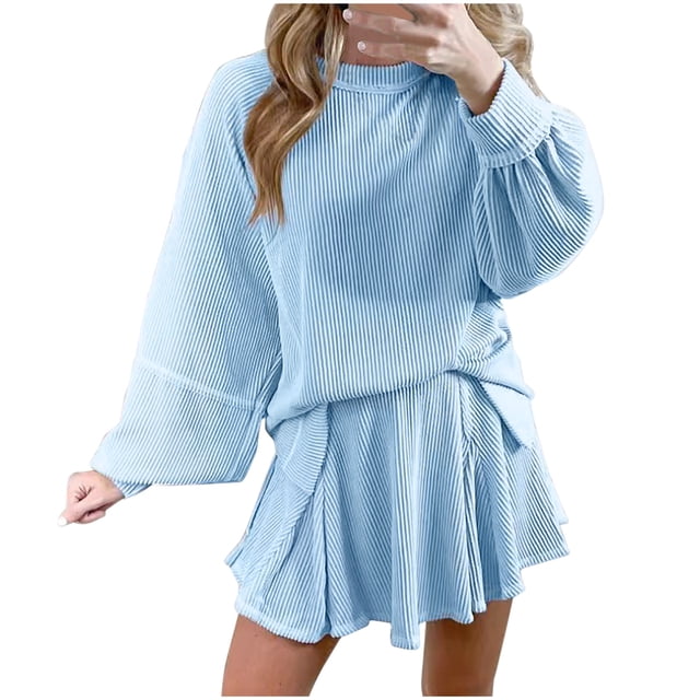 Women's 2 Piece Ribbed Knit Sets Summer Casual Long Sleeve Tops Matching Mini Skirt Going Out Lounge Outfits