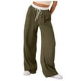 thumbnail image 1 of YFELWZ Womens Plus Size Color Contrast Draw Rope Casual Wide Leg Pocket Straight Leg Loose Wide Leg Pants Green L, 1 of 9