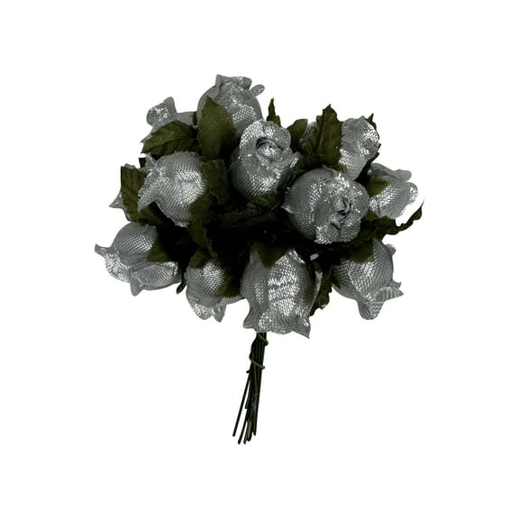 Silver Artificial Silk Flower Roses - 12 Mini Bouquets of 12 Rosebuds, 144 Rosebuds Total, Wedding, Reception, Anniversary