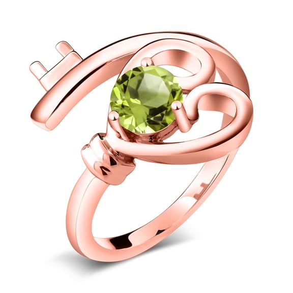 Gem Stone King 0.55 Ct Round Green Peridot 18K Rose Gold Plated Silver Heart Key Ring (Size 6)