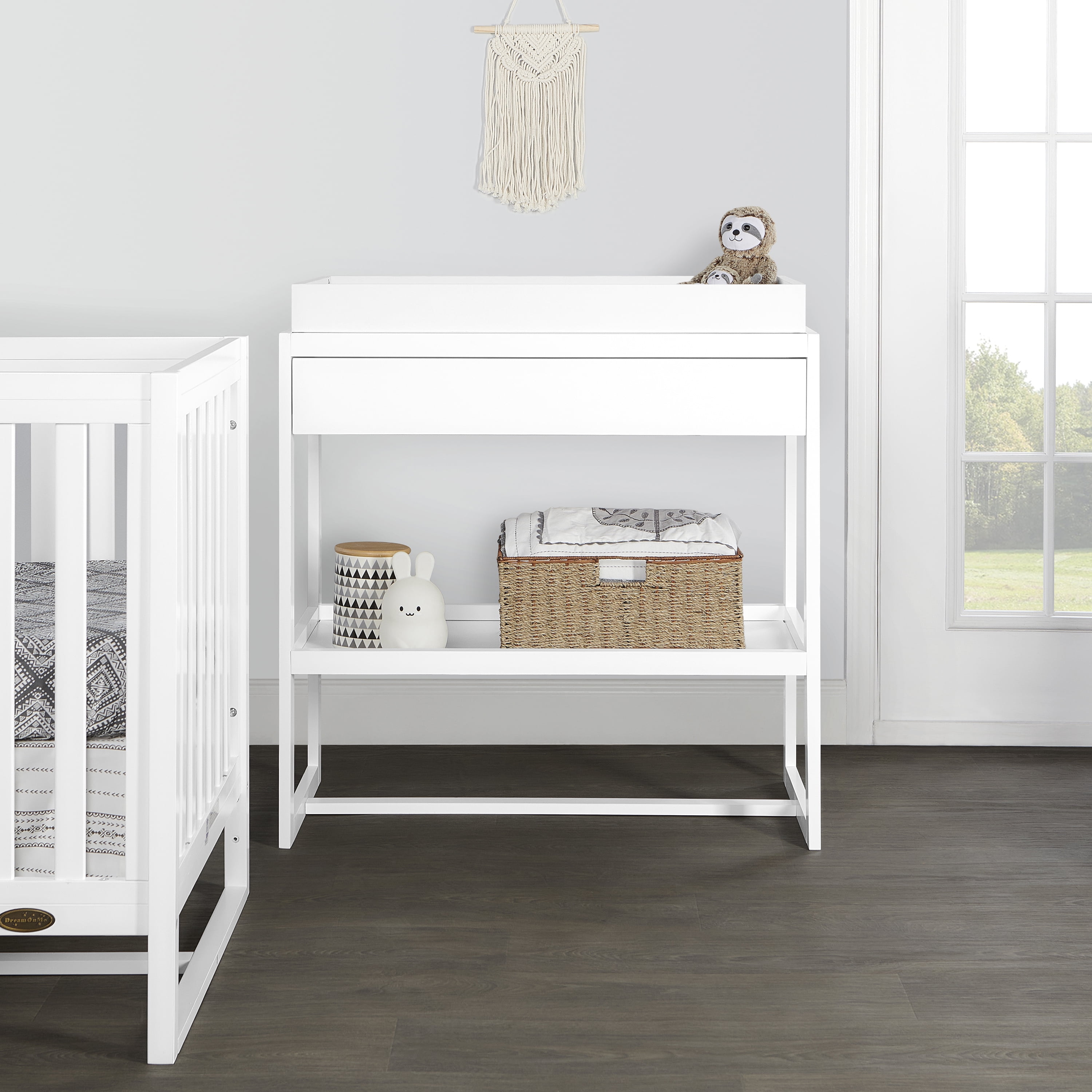 Dream On Me Nursery Bundle of Dream On Me Arlo 5-in-1 Convertible Crib, Dream On Me Arlo Changing Table, with a Dream On Me Honeycomb Orthopedic Firm Fiber Standard Crib Mattress, White