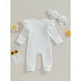 thumbnail image 5 of Musuos Newborn Girl Autumn Jumpsuit 3 6 12M Solid Color Round Neck Flying Sleeve Ruffled Zipper Romper with Bow Headband, 5 of 10