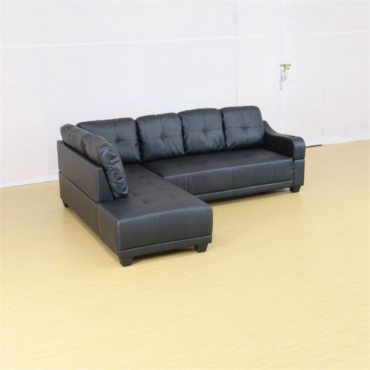 Hommoo Semi PU Synthetic Leather L-Shaped Couch Living Room Furniture Set, Modern 4-Seat Couch Sofa Set, Sectional Sofa Chaise Lounge for Home, Apartment, Dorm, Black(No Ottoman)