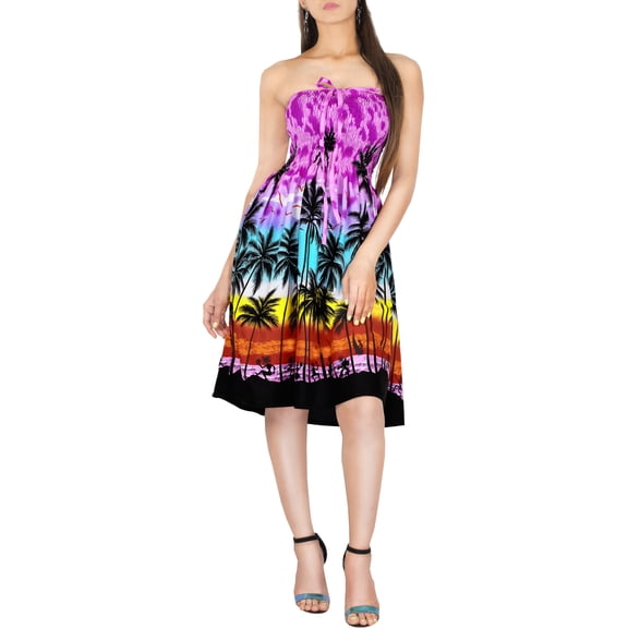 HAPPY BAY Women's Summer Boho Beach Backless Smocked Mini Flowy Dress Tube Top Strapless Dresses for Women One Size Berry, Palm Tree View