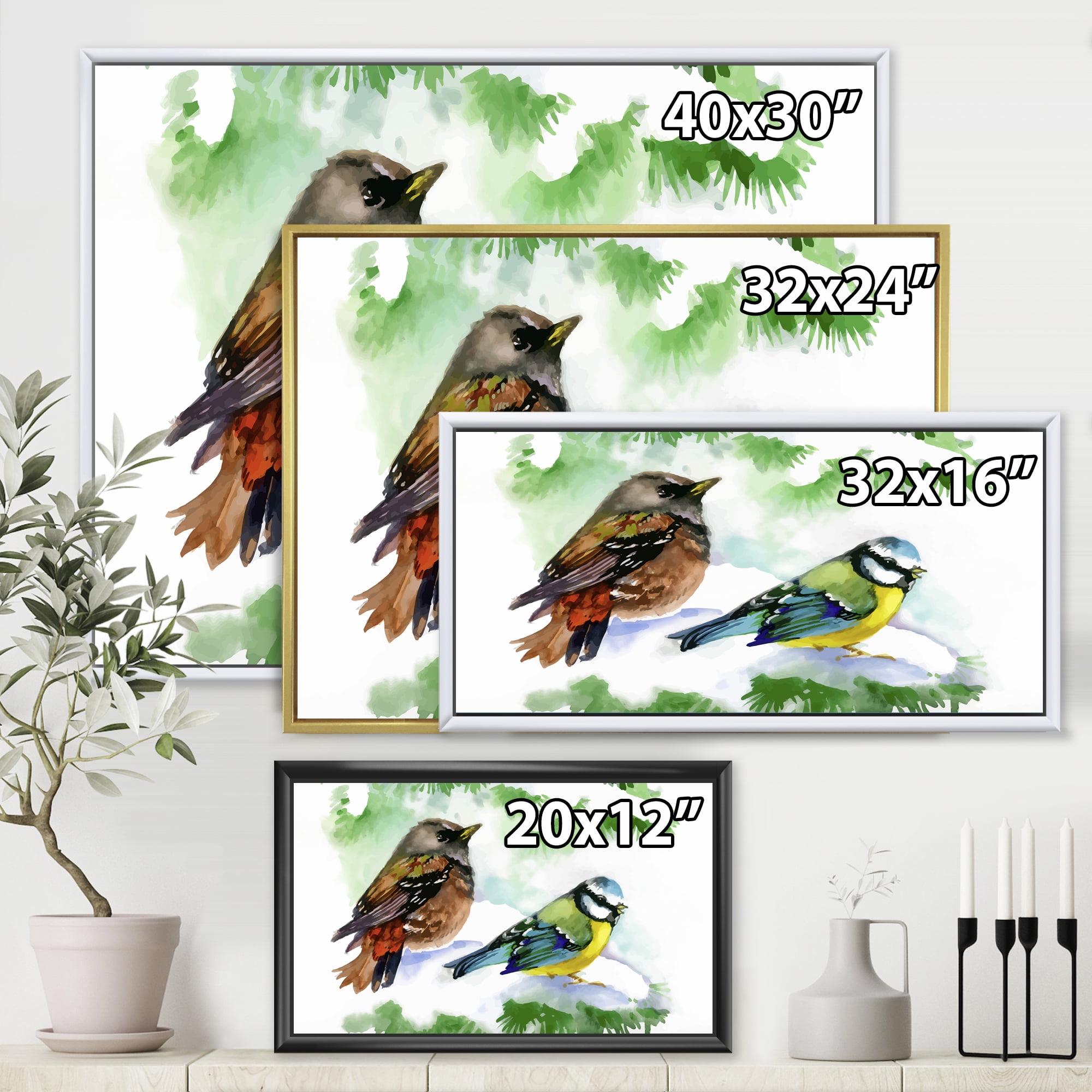 Designart 'Forest Birds Sitting On Snowy Fir Tree Branch' Traditional Framed Canvas Wall Art Print
