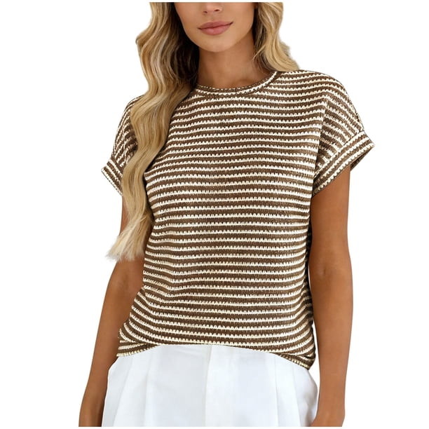 Moda de Verano de las Mujeres Casual Montado Color Sólido Cuello Redondo de Punto Camiseta de Poliéster Ligero Suave Cómodo de Manga Corta