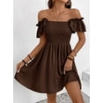 thumbnail image 3 of Coffee Brown Womens Solid Boat Neck Ruffled Cap Sleeve Smocked Waist A-Line Short Casual Dress, 3 of 6
