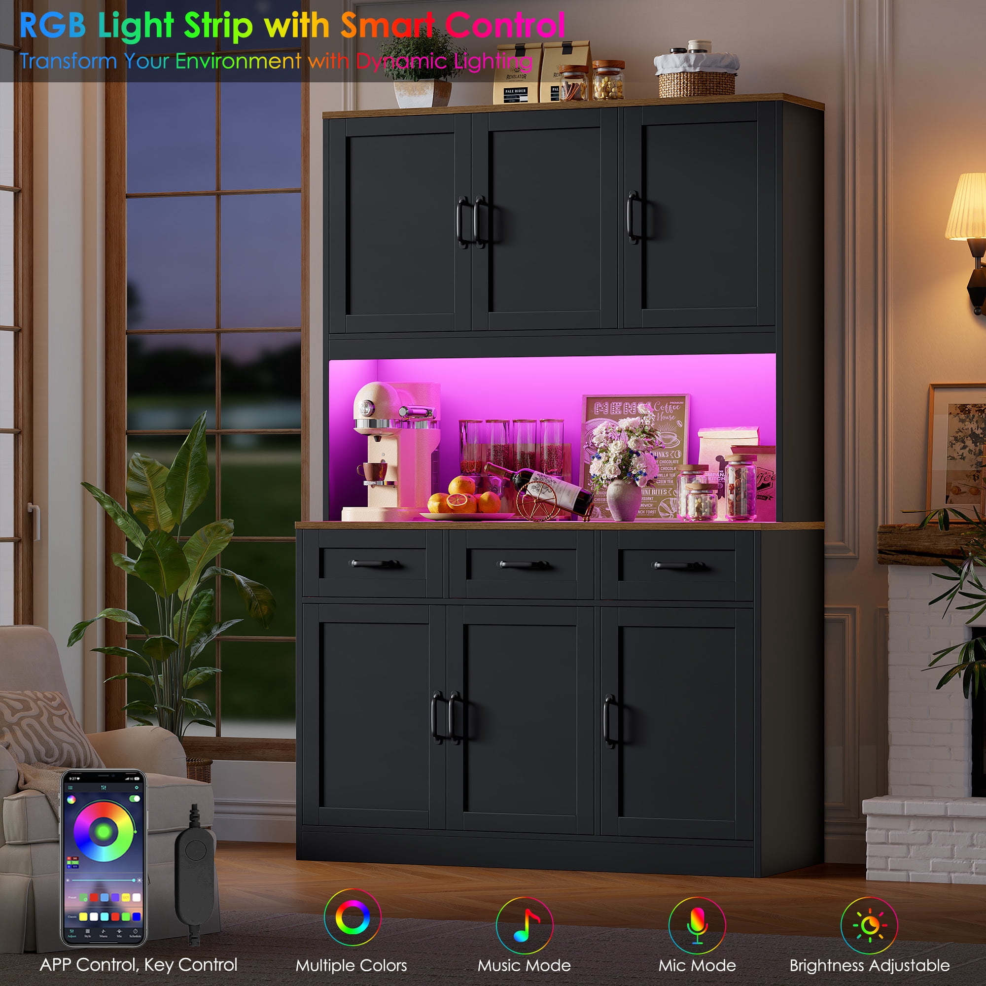 Hiphuta 72" Tall Kitchen Pantry Storgae Cabinet with RGB LED, Hutch Cabinet with Charging Station and Adjustable Shelves for Dining Room, Black & Oak