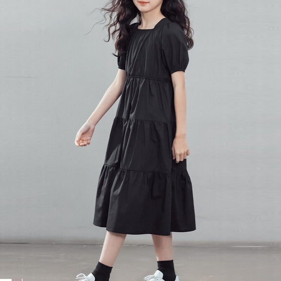 FSYBOA Girls Casual Dress, 2026 Midi Length Shorts Sleeve Summer Kids Dresses Black Size 14-16T