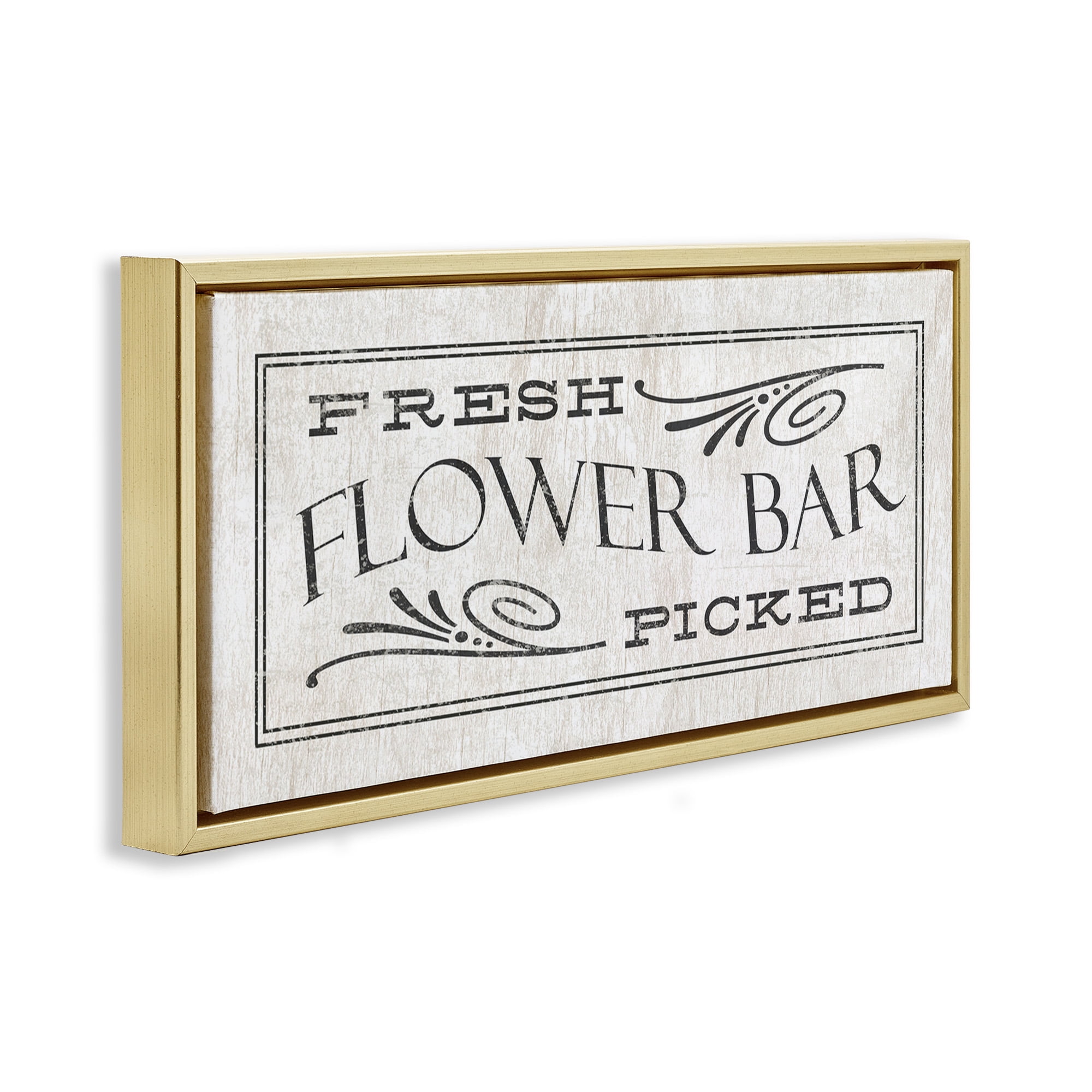 Stupell Industries Fresh Picked Flower Bar Sign Botanical & Floral Painting Gold Floater Framed Canvas Art Print Wall Art, 25 x 11