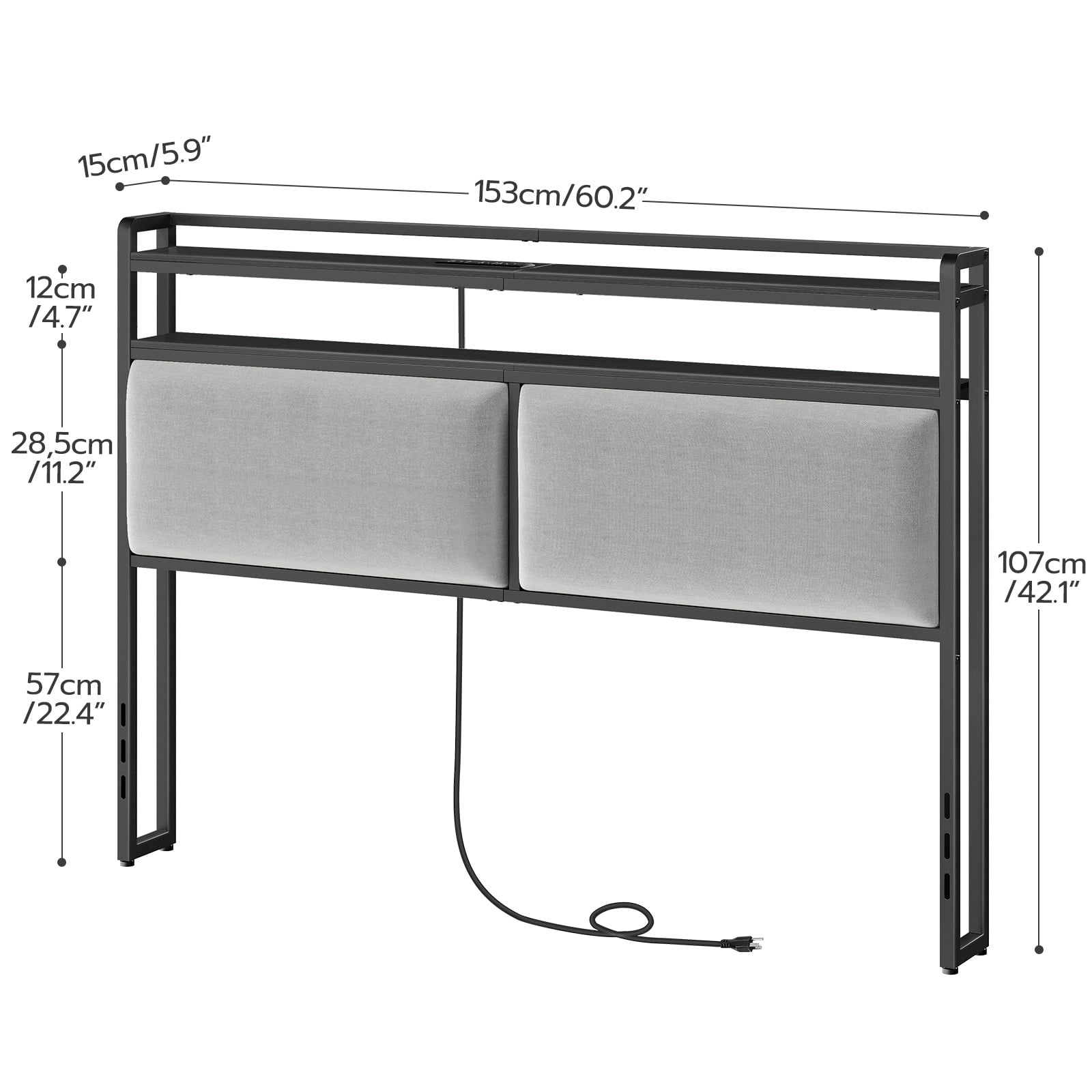 HOOBRO Queen Size Upholstered Headboard, Storage Headboard with Charging Station and Adjustable LED Lights, 2 Standard Outlets and 2 USB Ports, Queen Headboard Only  BB54UDBH01