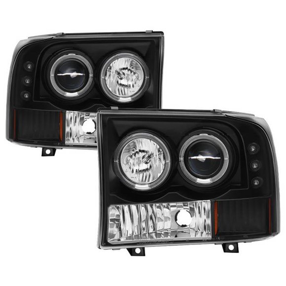 Spyder Automotive Headlight Assembly 5010339 Version 2; Halogen Bulb; Projector Beam With LED Dual Halo; High H1/Low H1 Clear Bulb; Clear Lens; Black Housing; Set of 2