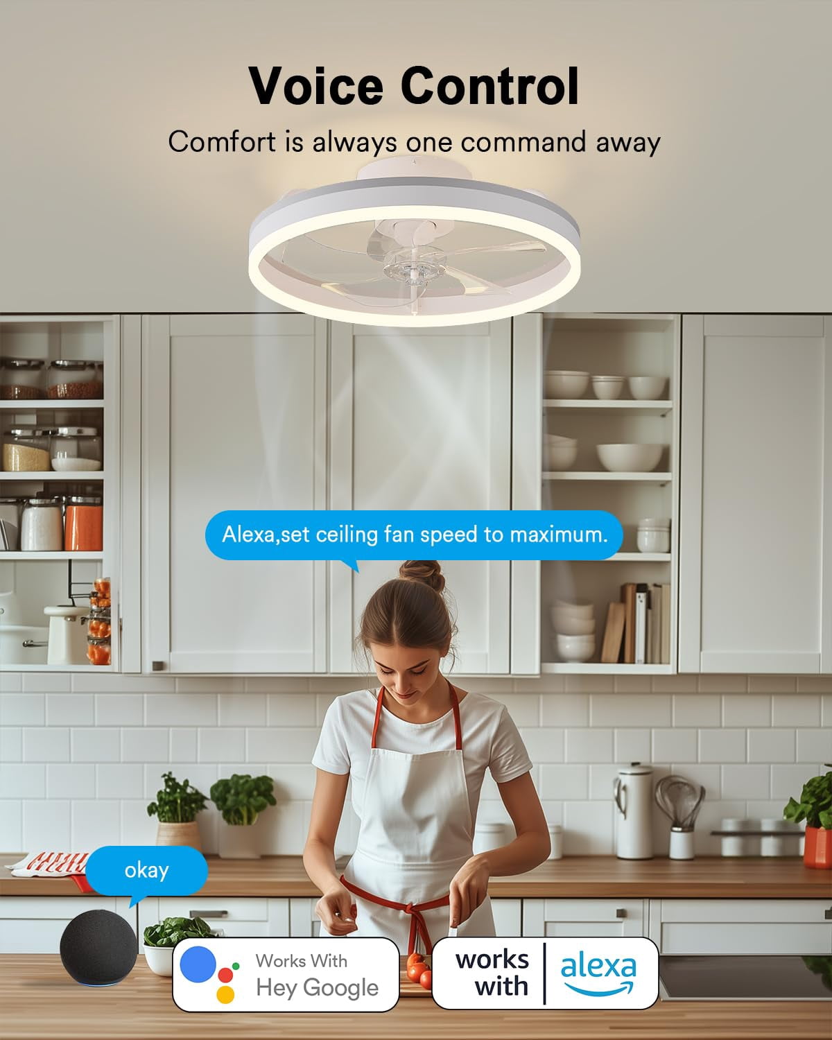 Lumary 20 Inch Low Profile Smart Ceiling Fan with Light RGBAI LED Flush Mount App and Remote Control Works with Alexa Google White