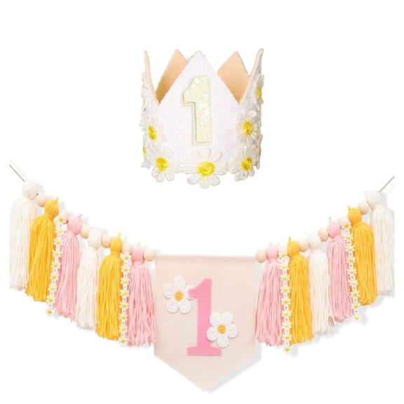 WuPing First Birthday High Chair Banner Decorations for Girl,Daisy First Crown Hat,Baby Girl 1st Birthday Decorations Tassel Garland High Chair Banner for Pink One Year Old Party Baby Shower