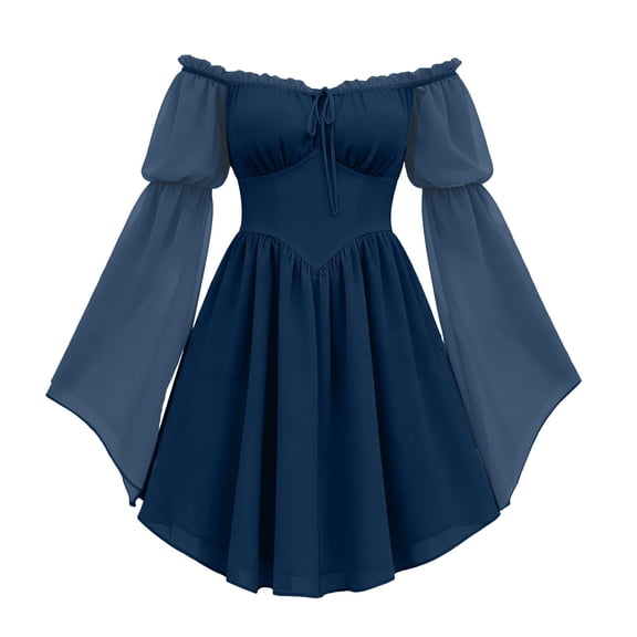 QTISFD Renaissance Fairy Dress for Women Vintage Medieval Costume Dress Chiffon Off Shoulder Long Bell Sleeve Lace Up Gothic Court Short Dress