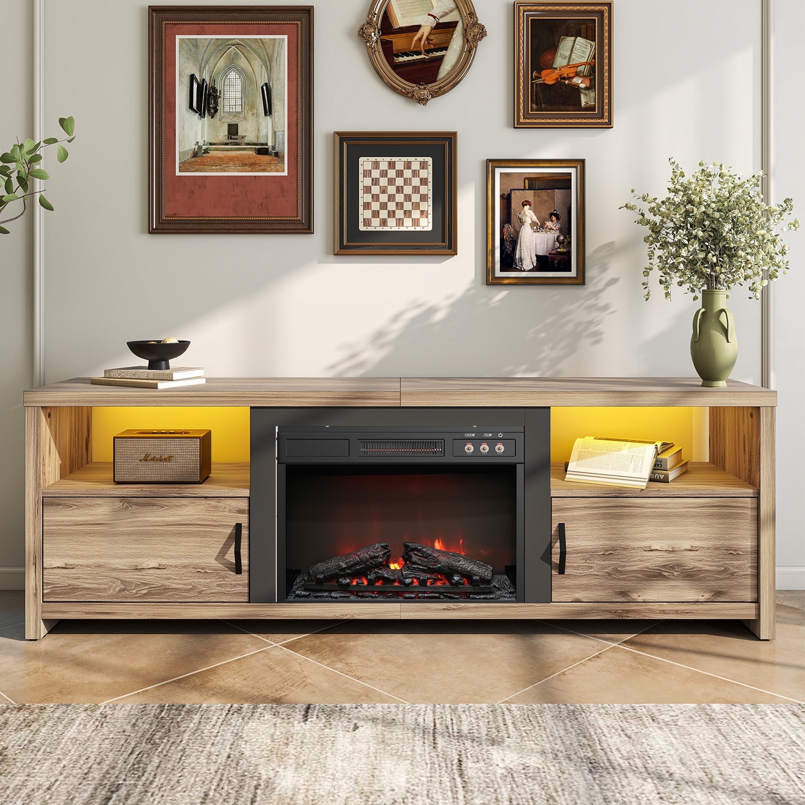 Bestier 71" Fireplace TV Stand for TVs up to 75" LED Entertainment Center with 23" Remote Control Electric Fireplace, Pinewood