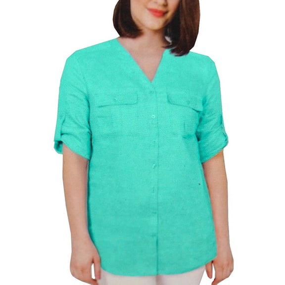 Nicole Miller Women's 100% Linen Button Front Roll Tab Top Bermuda, Green, Small