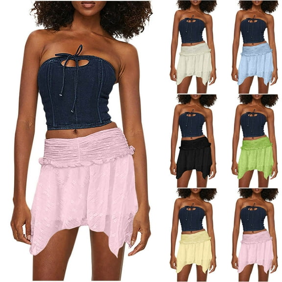 SMihono Womens Low Rise Lace Mini Skirt Y2k Pleated Ruffle Short Skirt Flowy Asymmetrical Underskirt Stylish Half Slip Skirts Light Blue 4