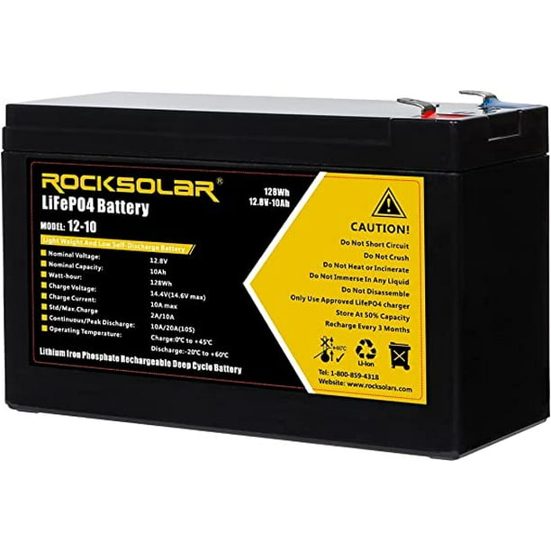ROCKSOLAR 12 V 10 Ah LiFePO4 128 Wh Lightweight DeepCycle Battery