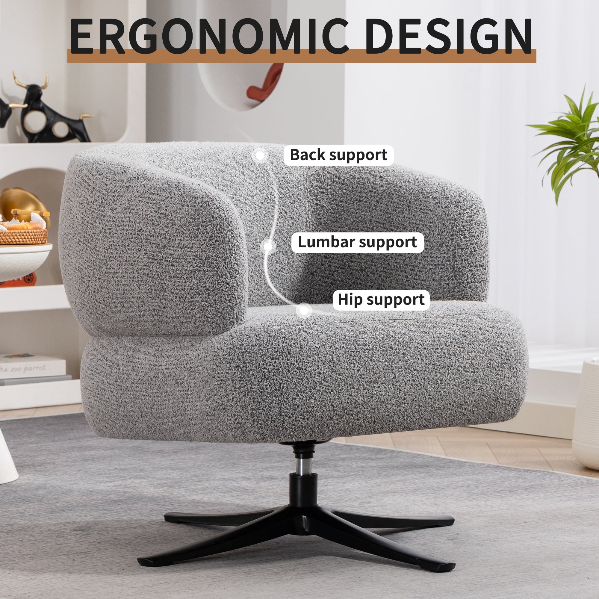 Swivel Chair, Accent Chair, Leisure Sofa With 360 Rotation Linen Fabric Thick Cushion For Living Room Balcony Study, Grey Curved Armrest Sofa Chair