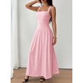 thumbnail image 5 of Petite Womens Solid Pink Square Neck Ruched Flared Maxi Dress For Spring Summer, 5 of 7