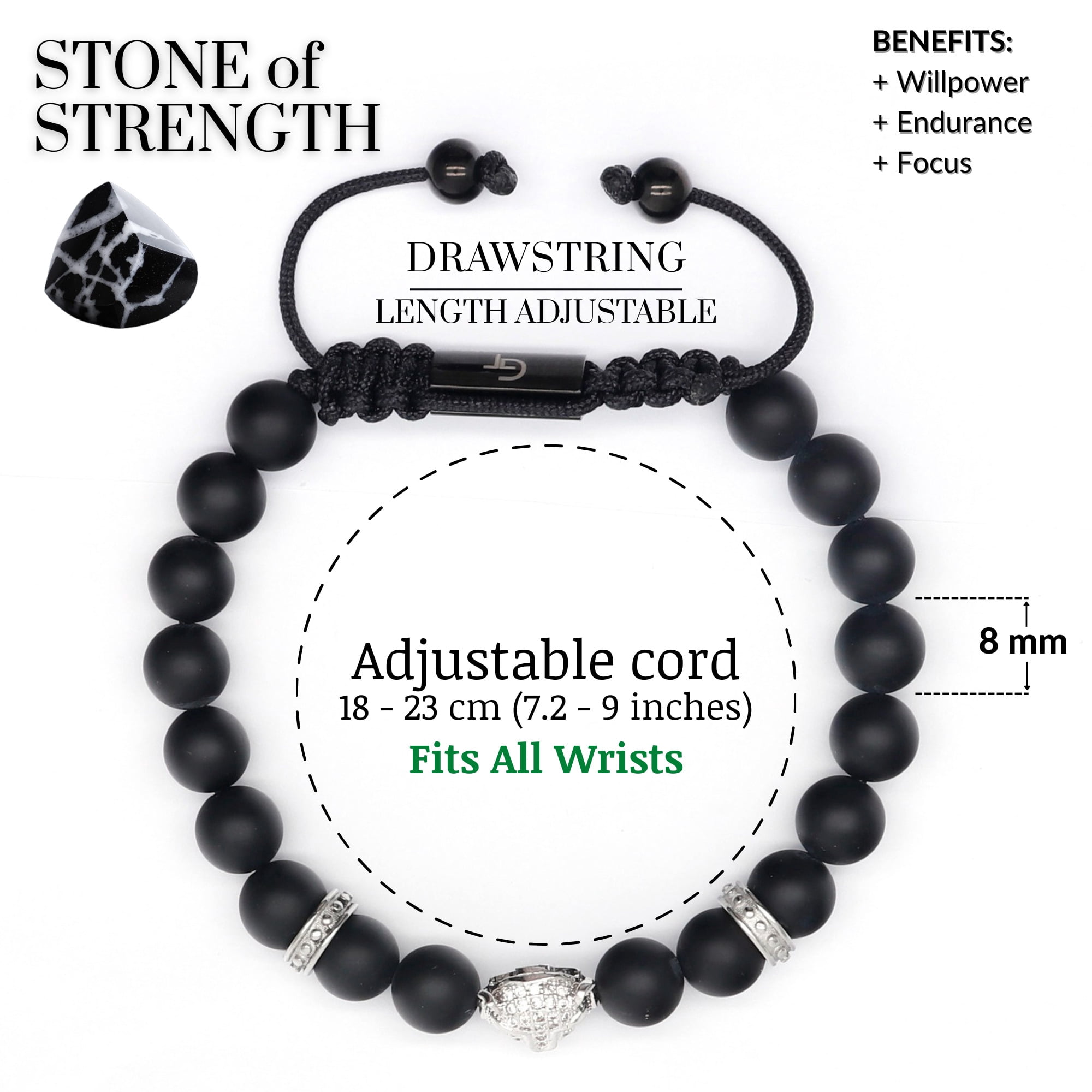 Men's BLACK ONYX Bracelet with Silver LEOPARD Head | Gift for Men | One Size Fits All | 100% Natural | Gemstone Adjustable Bracelet