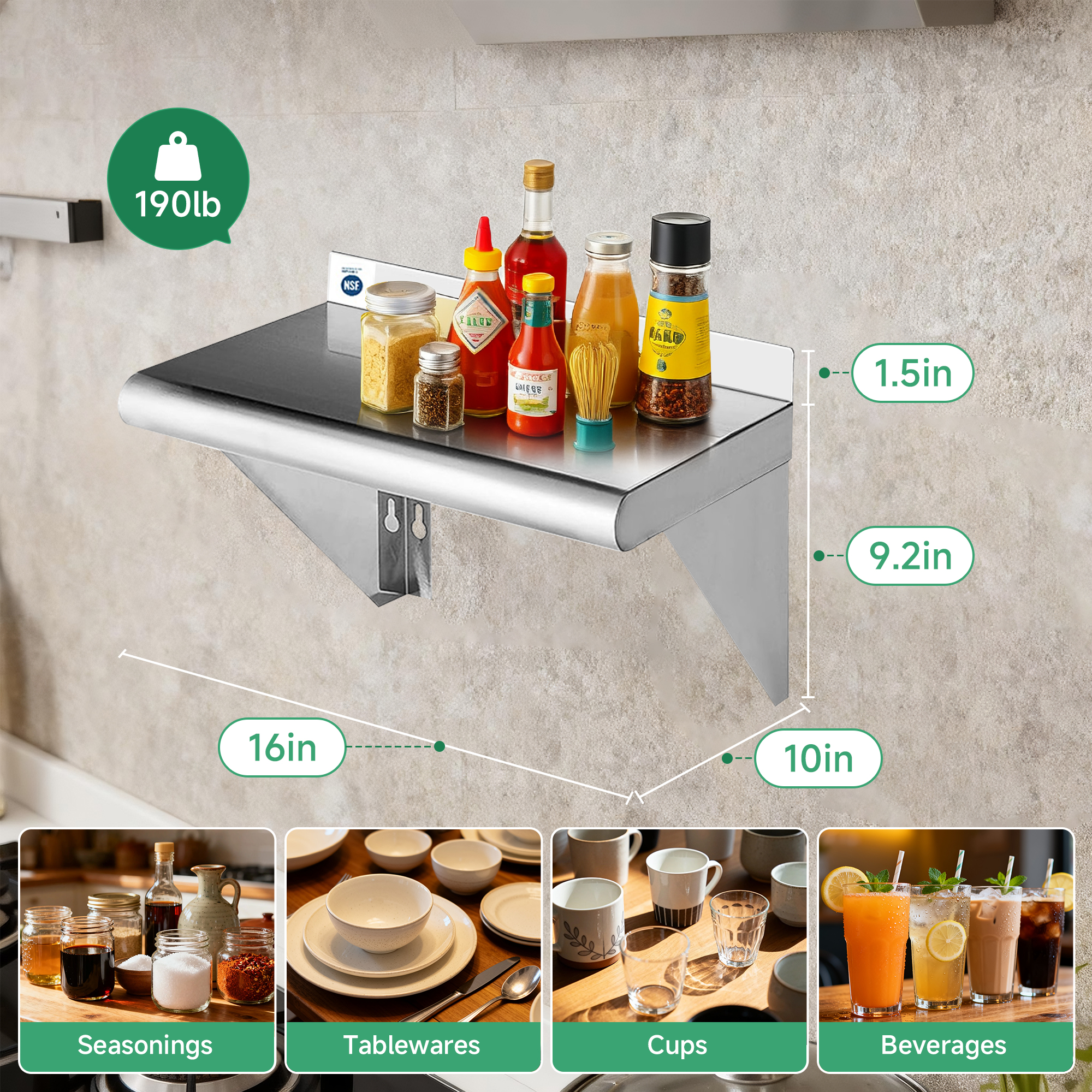 RSN Trend Stainless Steel Shelf 10 x 16 Inches 190lb, Commercial Wall Mount Floating Shelving for Restaurant, Kitchen, Home and Hotel