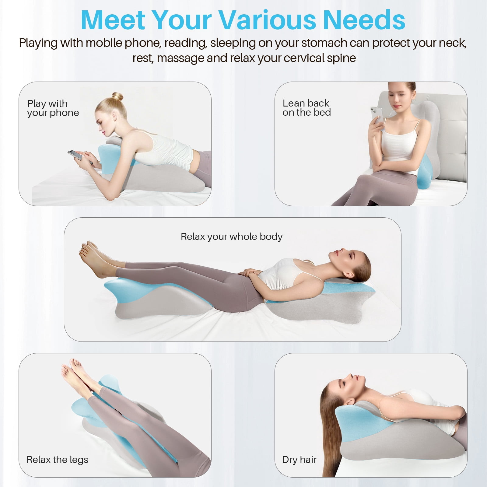 Eurhowing Ergonomic Memory Foam Wedge Pillow for Adults, Back Neck Shoulder Pain Relief, Adjustable Headboard Support for Sleeping, Reading, Reclining Bed Pillow, Blue Gray