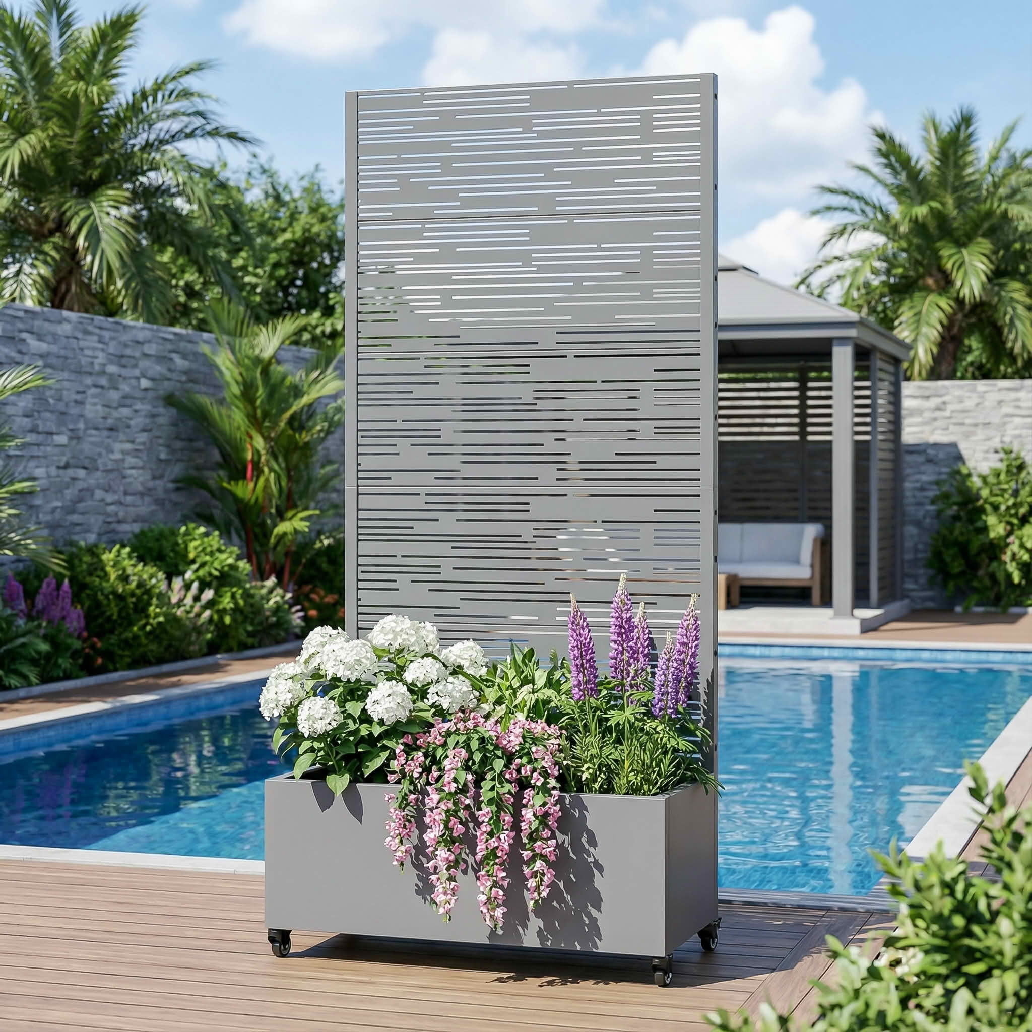 MAYEERTY 72X35" Metal Outdoor Gray Privacy Screen with Planter Box for Backyard & Garden, 5 Piece Set