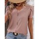 thumbnail image 3 of Camiseta con cuello en V para mujer, mangas cortas de pétalos, botón frontal, blusas holgadas informales, color rosa XXL, 3 of 6