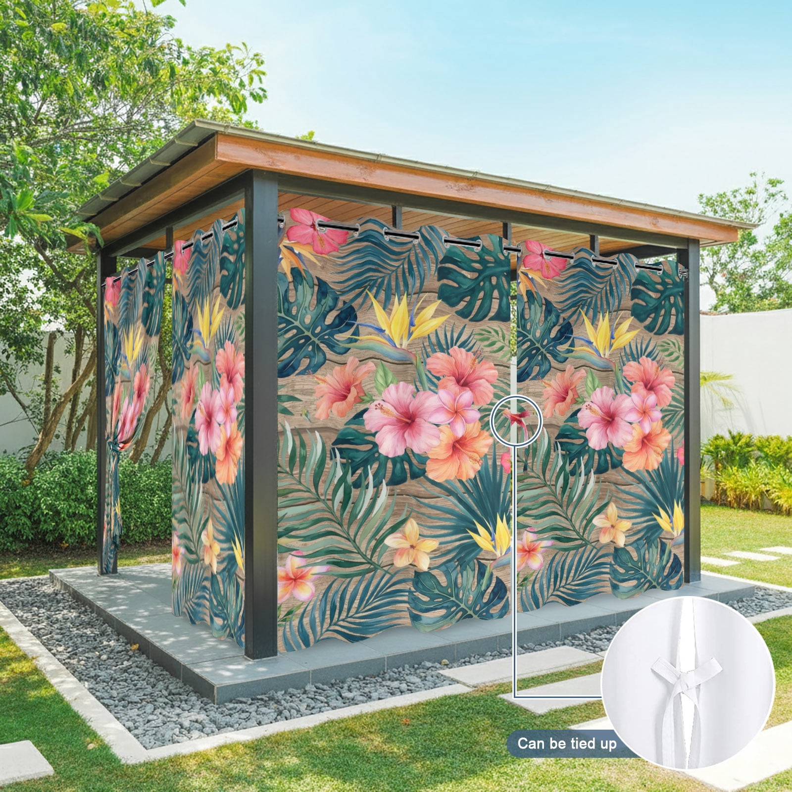 Pink Hibiscus Flower Outdoor Curtains for Patio, Palm Leaf Summer Coastal Tropical Botanical Vintage Sunshade Privacy Drapes Grommet Waterproof Outside Curtains for Porch Balcony 54"x108", 1 Panel