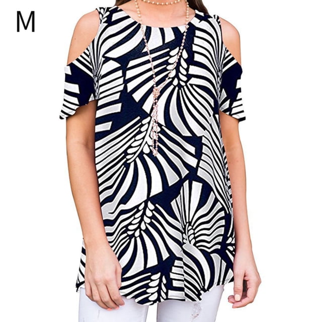 Camiseta de mujer con cuello redondo y hombros descubiertos Camiseta con estampado floral, negro blanco, M Inevent AP001532-02