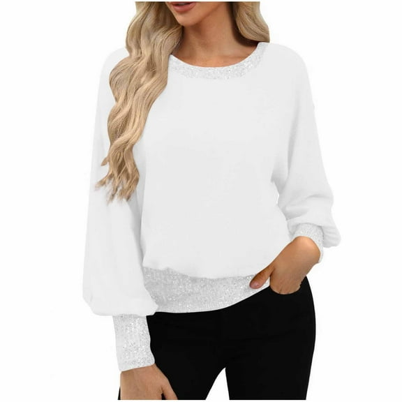 Dressy Tops for Women Long Sleeve Sequins Patchwork Fashion Pullover Blouses Loose Sparkly Party Holiday Outfits (XL, White)