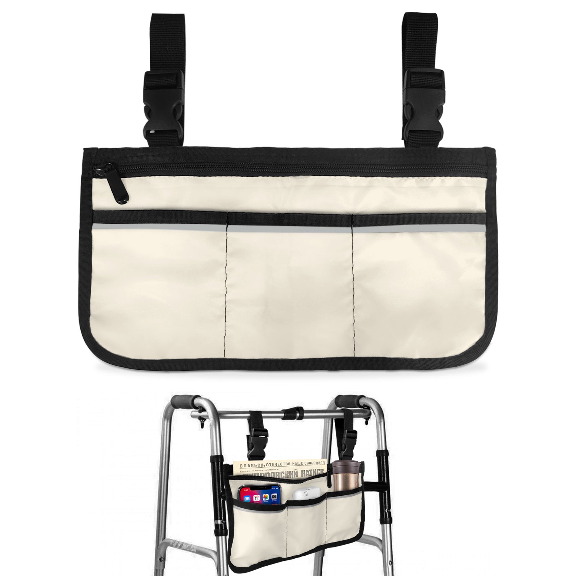 Cream Wheelchair Side Bag Walk Bag Basket, Farmhouse Solid Beige Color Modern Art Wheelchair Accessories Armrest Pouch, Organizer Storage Bags for Walkers, Rollators, Scooters, 7.3"x13"